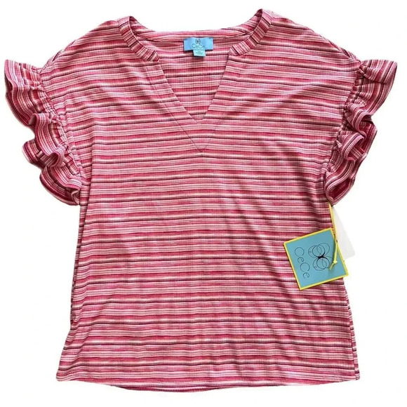 CeCe Bright Rose Rib Knit Ruffle Sleeve Top XS - Picture 2 of 4